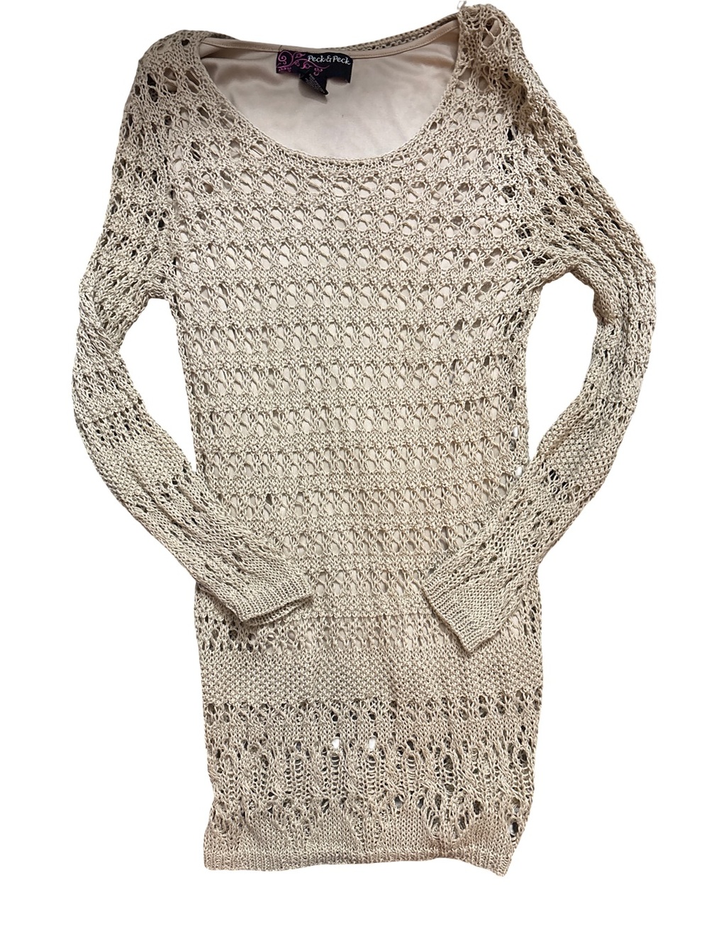 Peck & Peck Cream Open-Knit Scoop Neck Sweater Dress